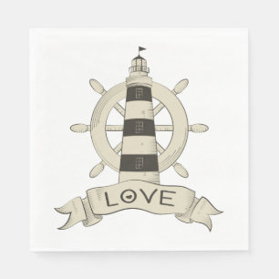 Nautical Lighthouse & Ship Wheel Tan Wedding Party Napkins