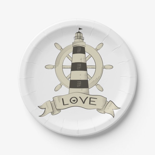 Nautical Lighthouse & Ship Wheel  Wedding Party Paper Plates (Front)