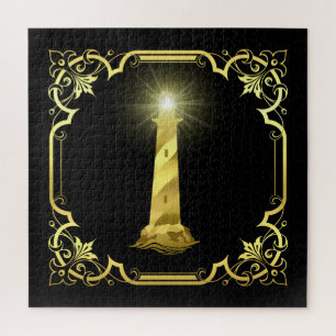 Nautical lighthouse silhouette/gold/black/black jigsaw puzzle