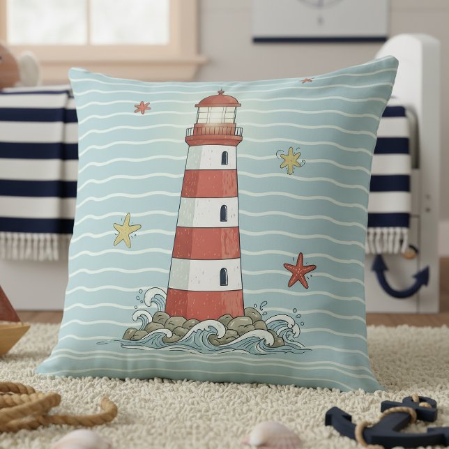 Nautical Lighthouse & Starfish ID1249 Throw Pillow (Creator Uploaded)