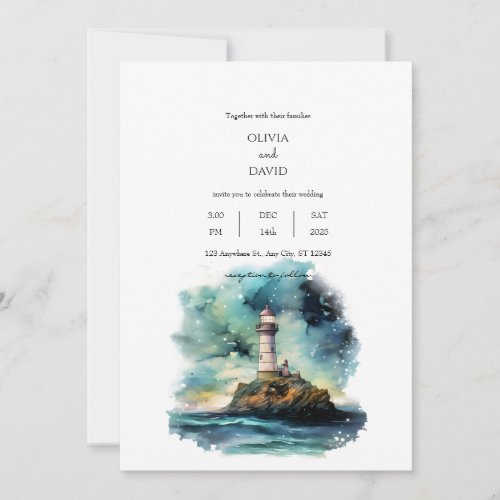 Nautical Lighthouse Starry Moon Night Sky Wedding  Invitation