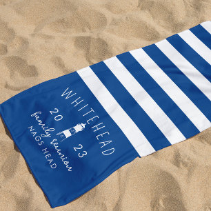 Nautical Lighthouse Stripe Blue Monogram Beach Towel