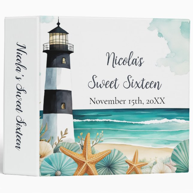 Nautical Lighthouse Sweet Sixteen Birthday 3 Ring Binder (Front/Spine)