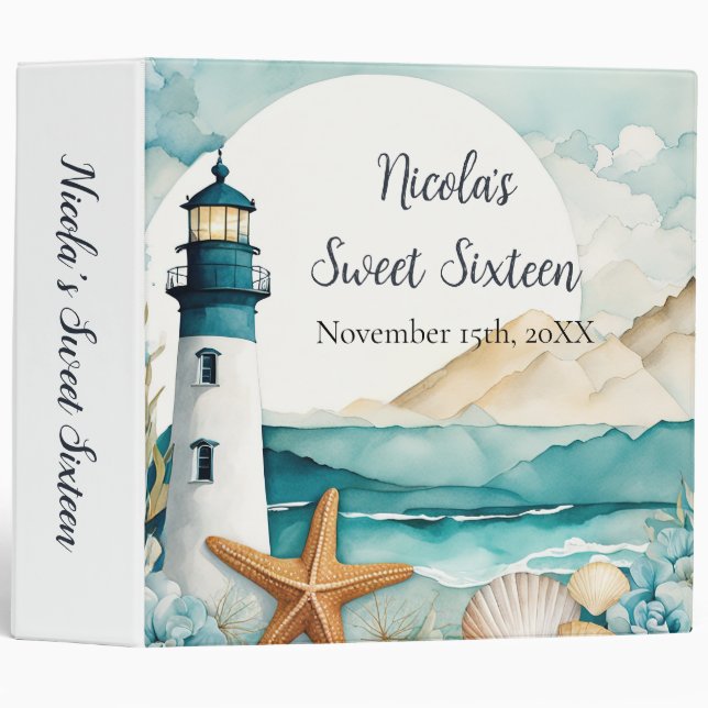 Nautical Lighthouse Sweet Sixteen Birthday 3 Ring Binder (Front/Spine)