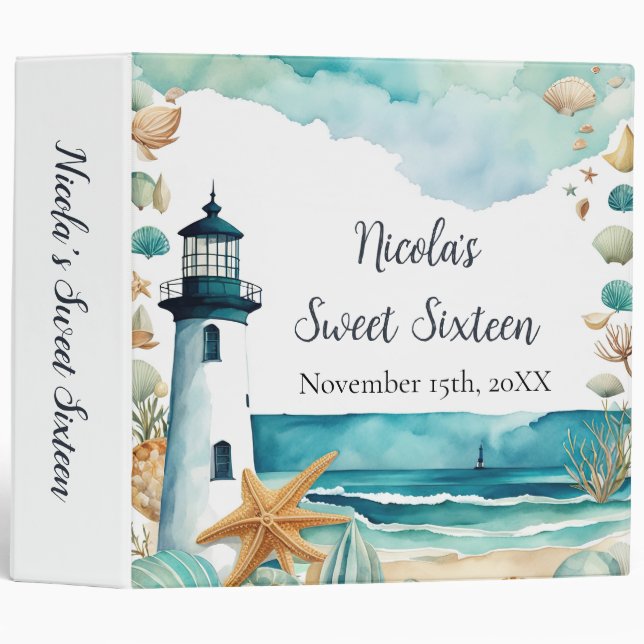 Nautical Lighthouse Sweet Sixteen Birthday 3 Ring Binder (Front/Spine)
