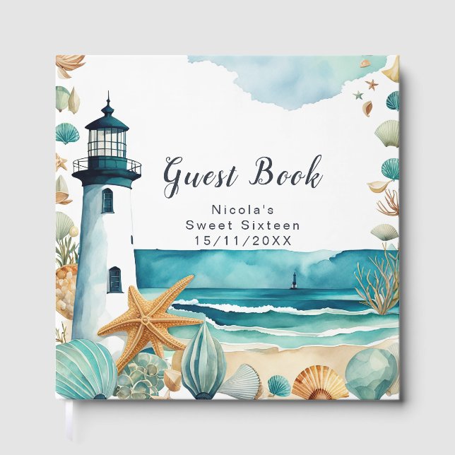 Nautical Lighthouse Sweet Sixteen Birthday Guest Book (Front)