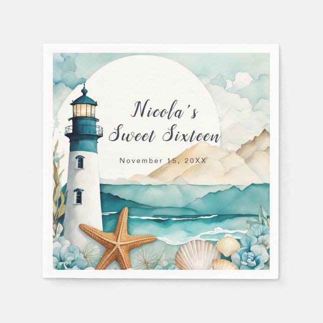 Nautical Lighthouse Sweet Sixteen Birthday Napkins (Front)