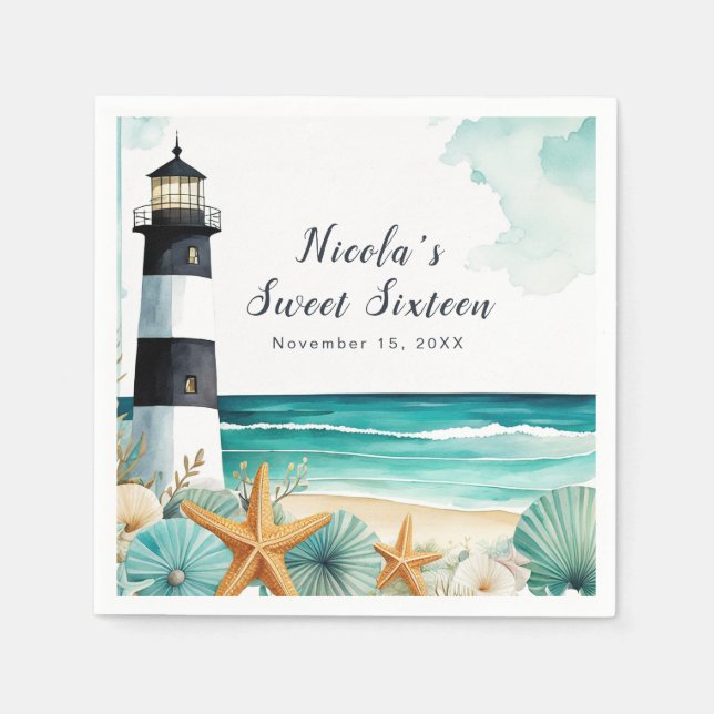 Nautical Lighthouse Sweet Sixteen Birthday Napkins (Front)