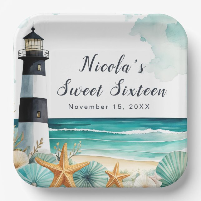 Nautical Lighthouse Sweet Sixteen Birthday Paper Plates (Front)