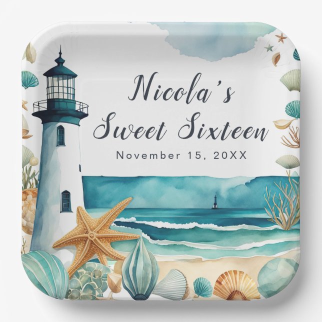 Nautical Lighthouse Sweet Sixteen Birthday Paper Plates (Front)