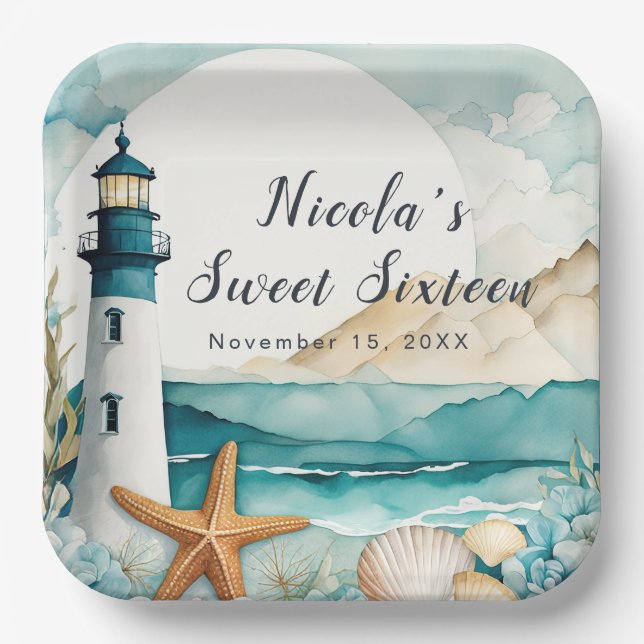 Nautical Lighthouse Sweet Sixteen Birthday Paper Plates (Front)
