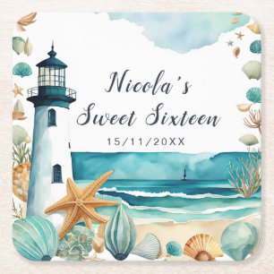 Nautical Lighthouse Sweet Sixteen Birthday Square Paper Coaster