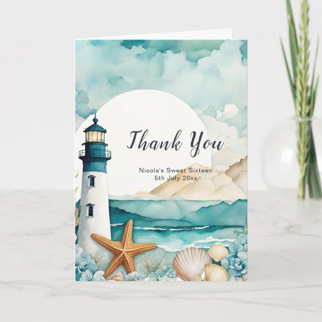 Nautical Lighthouse Sweet Sixteen Birthday Thank You Card (Front)
