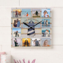 Nautical Lighthouse Vintage Wood 12-photo Collage Square Wall Clock