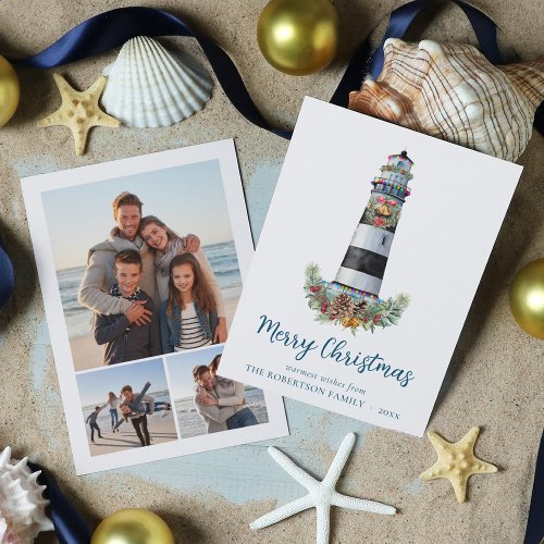 Nautical Lighthouse Watercolor 3 Photo Christmas  Holiday Card