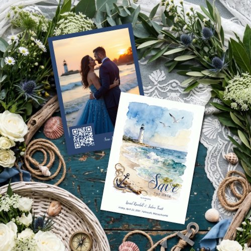 Nautical Lighthouse Watercolor Wedding Photo TLW26 Save The Date