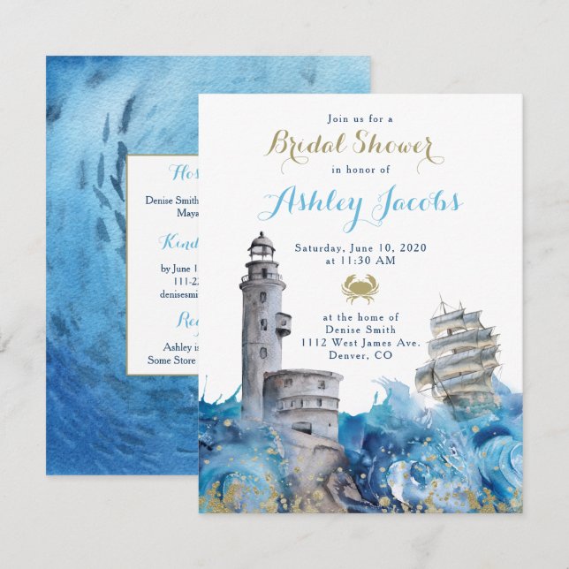 Nautical Lighthouse Waves Ship Bridal Shower Invitation (Front/Back)