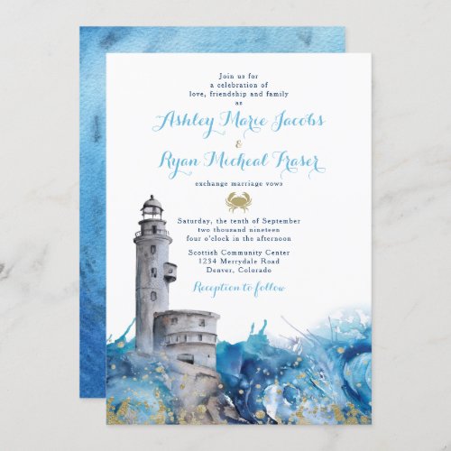 Nautical Lighthouse Waves Wedding Invitation