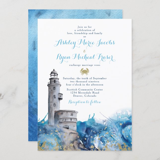 Nautical Lighthouse Waves Wedding Invitation (Front/Back)