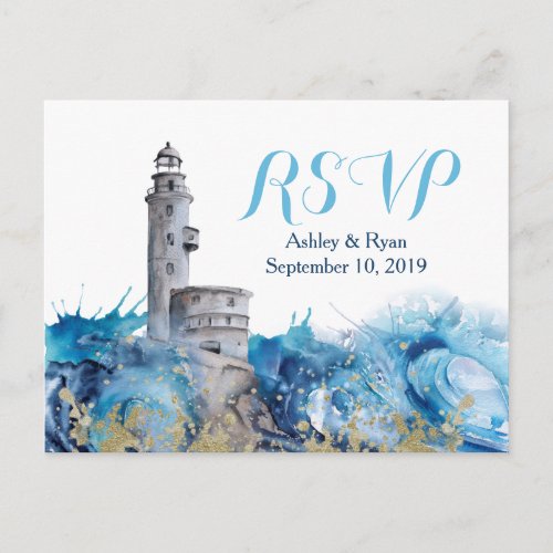 Nautical Lighthouse Waves Wedding RSVP Invitation Postcard