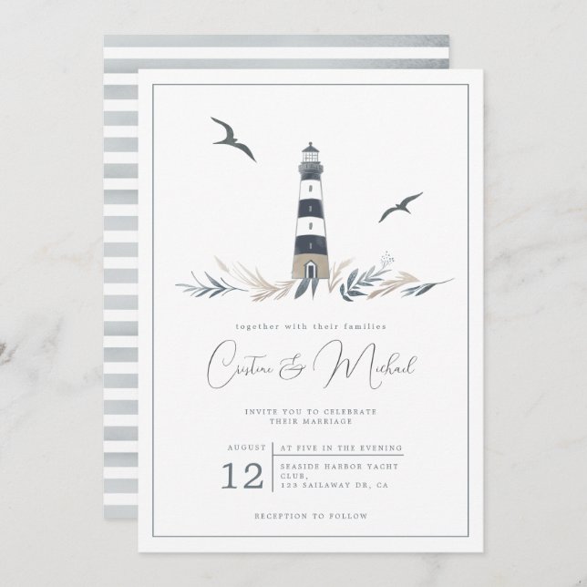 Nautical lighthouse wedding invitation (Front/Back)