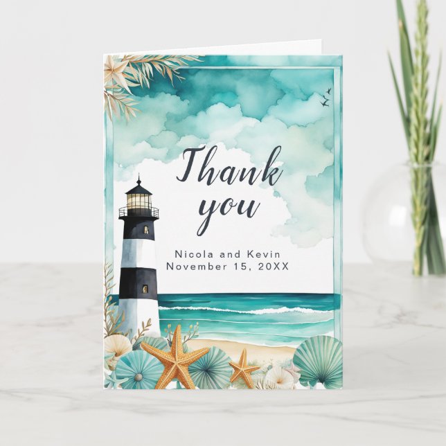 Nautical Lighthouse Wedding Letterpress Thank You Card (Front)