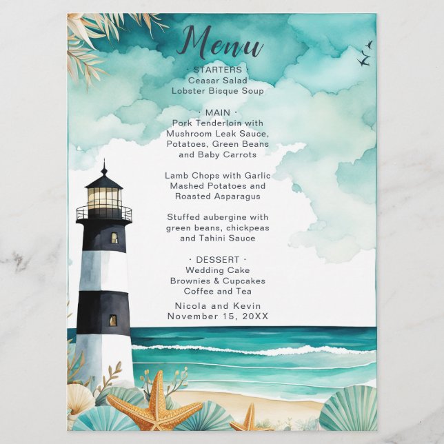 Nautical Lighthouse Wedding  Menu (Front)