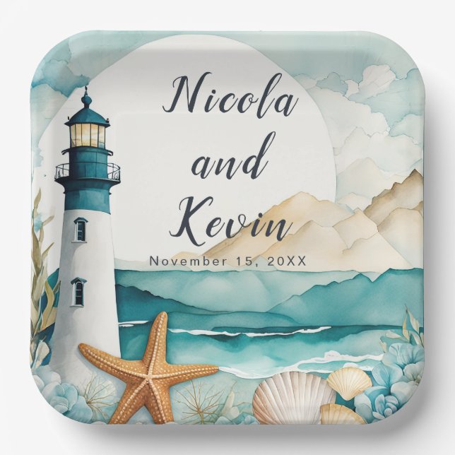 Nautical Lighthouse Wedding  Paper Plates (Front)