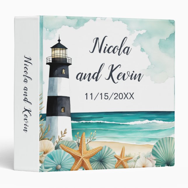 Nautical Lighthouse Wedding Photo Album  3 Ring Binder (Front/Spine)