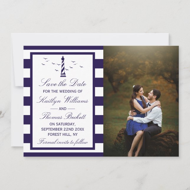 Nautical Lighthouse Wedding Photo Save The Date (Front)