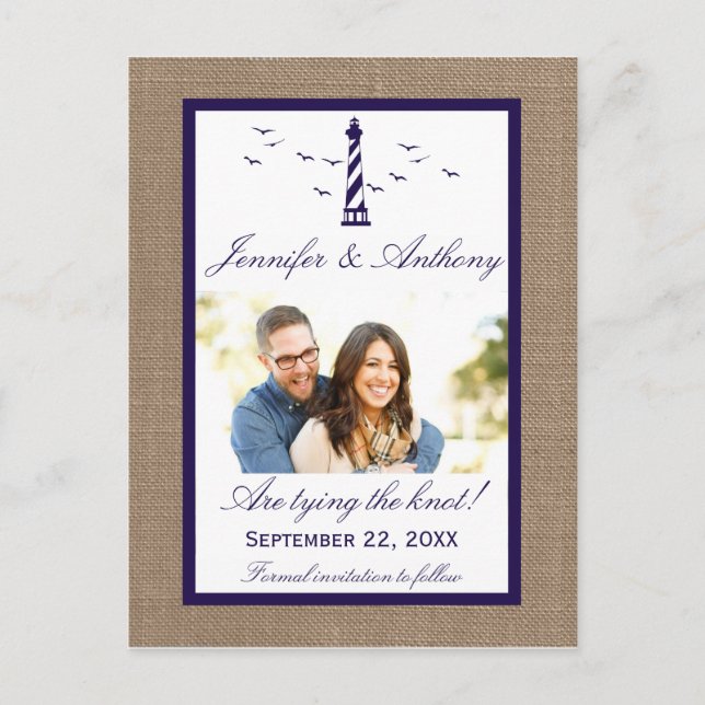 Nautical Lighthouse Wedding Photo Save The Date Announcement Postcard (Front)