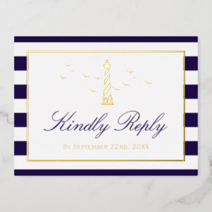 Nautical Lighthouse Wedding RSVP Real Foil Invitation Postcard