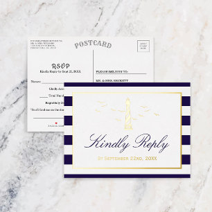 Nautical Lighthouse Wedding RSVP Real Foil Invitation Postcard