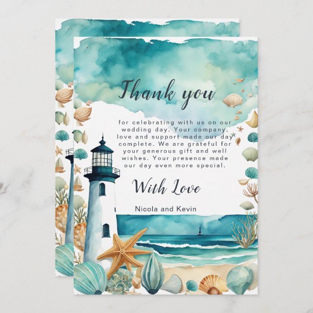 Nautical Lighthouse Wedding Thank You Card (Front/Back)