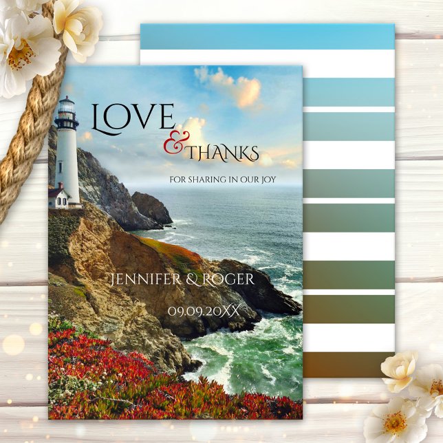 Nautical Lighthouse Wedding Thank You Card (Wedding Thank You card featuring a painting of a lighthouse on a rocky coast in vibrant colors)