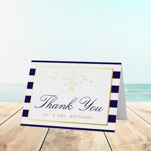 Nautical Lighthouse Wedding Thank You Real Foil Greeting Card