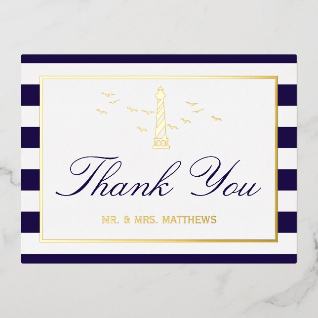 Nautical Lighthouse Wedding Thank You Real Foil Invitation Postcard (Front)