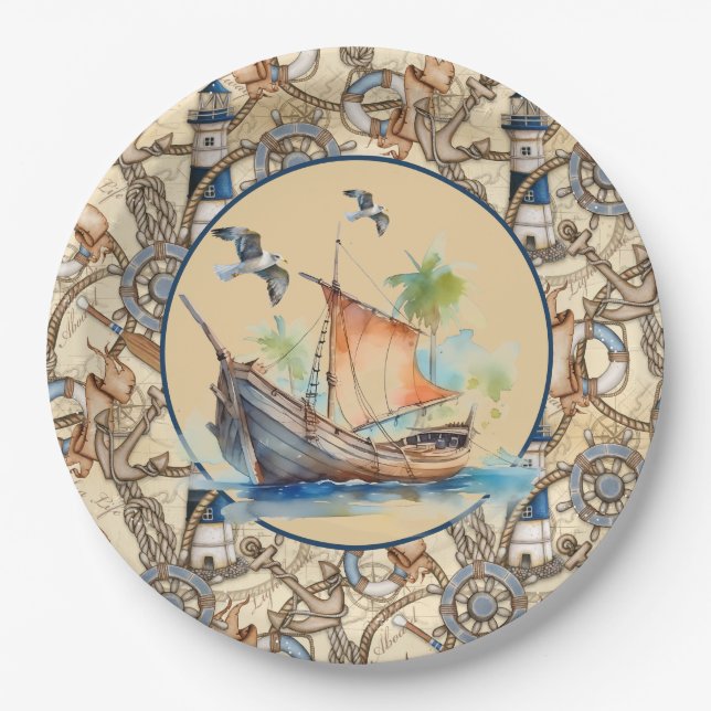 Nautical Lighthouse With Boat Paper Plates (Front)