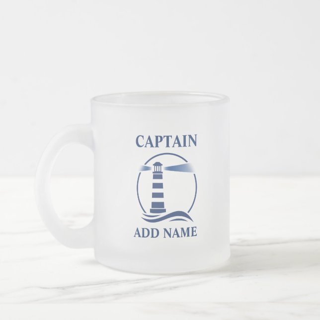 Nautical Lighthouse With Captain or Boat Name Frosted Glass Coffee Mug (Left)