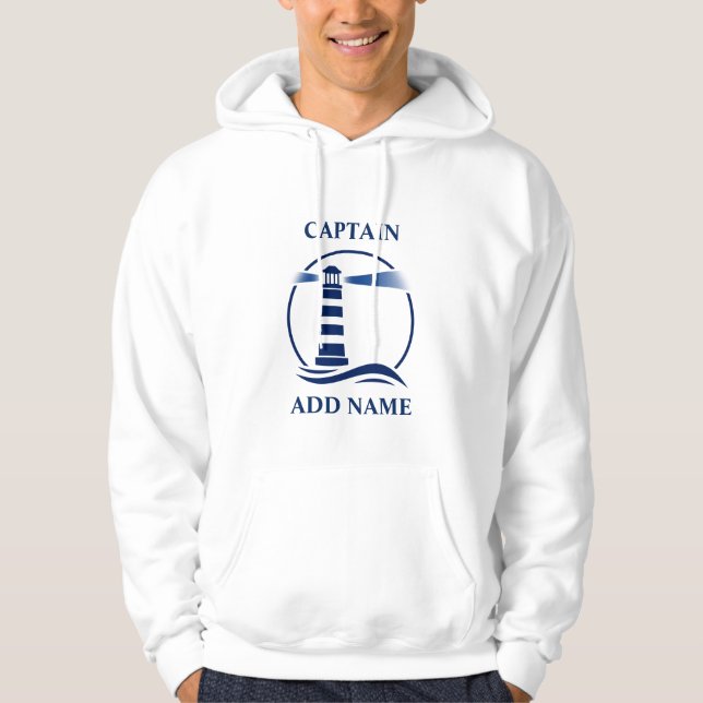Nautical Lighthouse with Captain or Boat Name Navy Hoodie (Front)
