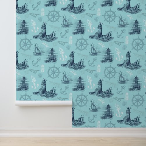 Nautical Lighthouses Aqua Blue Wallpaper