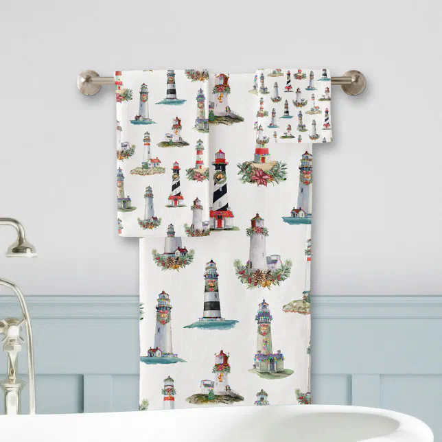 Nautical Ligthhouse Coastal Christmas Bath Towel Set | Zazzle