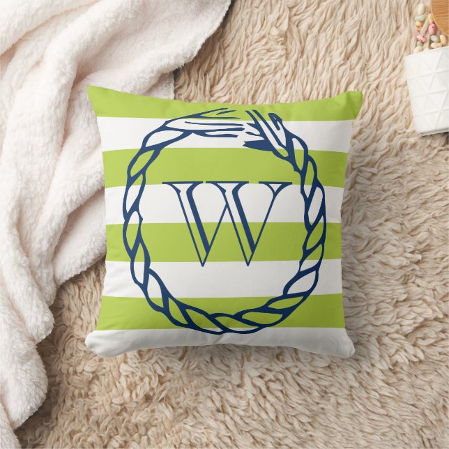 Nautical lime green stripe navy blue rope monogram throw pillow (Blanket)