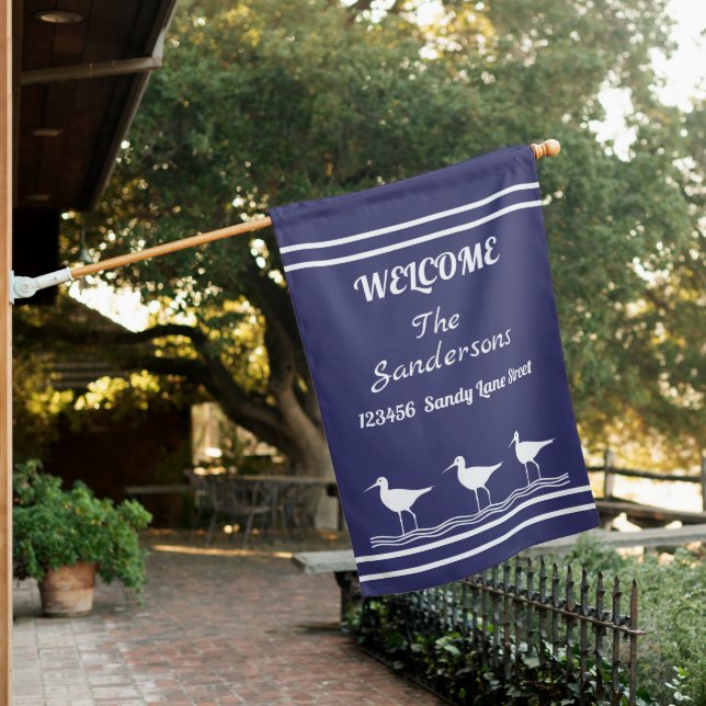 Nautical Lite Navy Blue White  Sandpipers  House Flag (In SItu)
