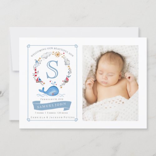 Nautical Little Cute Whale  Birth Announcement