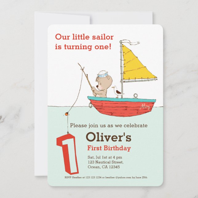 Nautical little sailor bear first birthday invitation (Front)