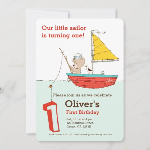 Nautical little sailor bear first birthday invitation