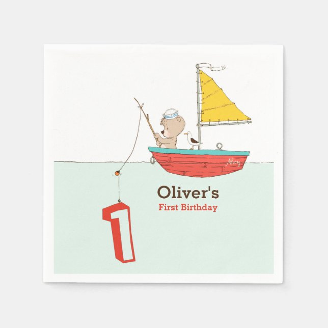 Nautical little sailor bear first birthday napkins (Front)