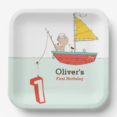 Nautical little sailor bear first birthday paper plates