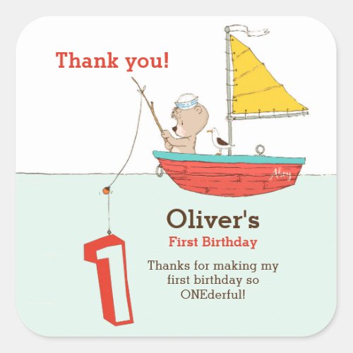 Nautical little sailor bear first birthday square sticker